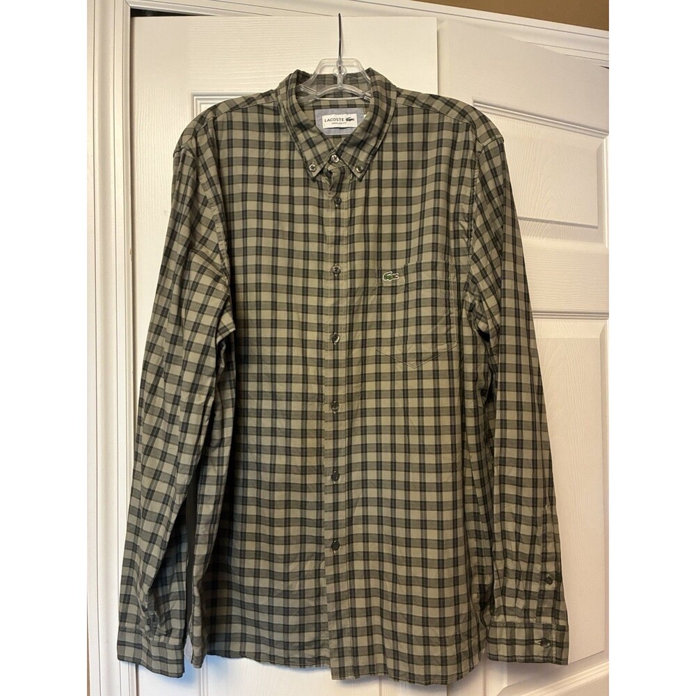Lacoste Shirt Button Down Mens 44 XL Regular Fit Plaid Long Sleeve